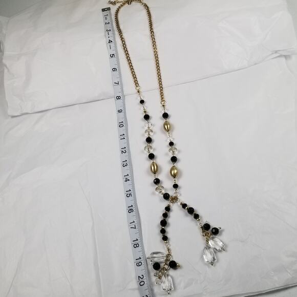 Chicos Long Statement Necklace Gold Tone Black Clear Faceted Beads Metal Baubles - Picture 5 of 5